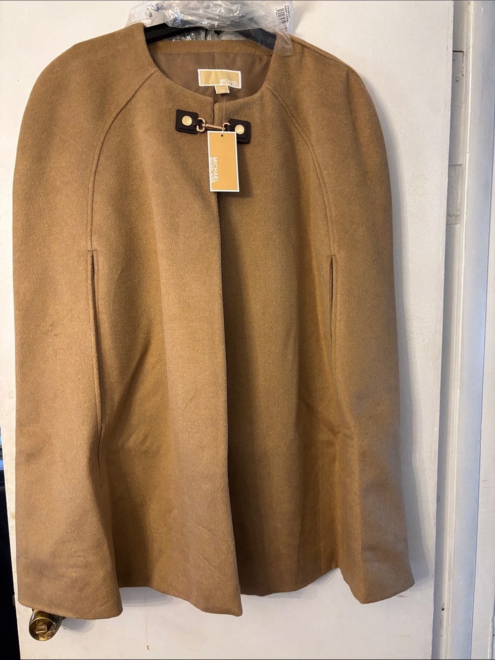 Michael Kors Camel Wool-Blend Cape with Gold Hardware